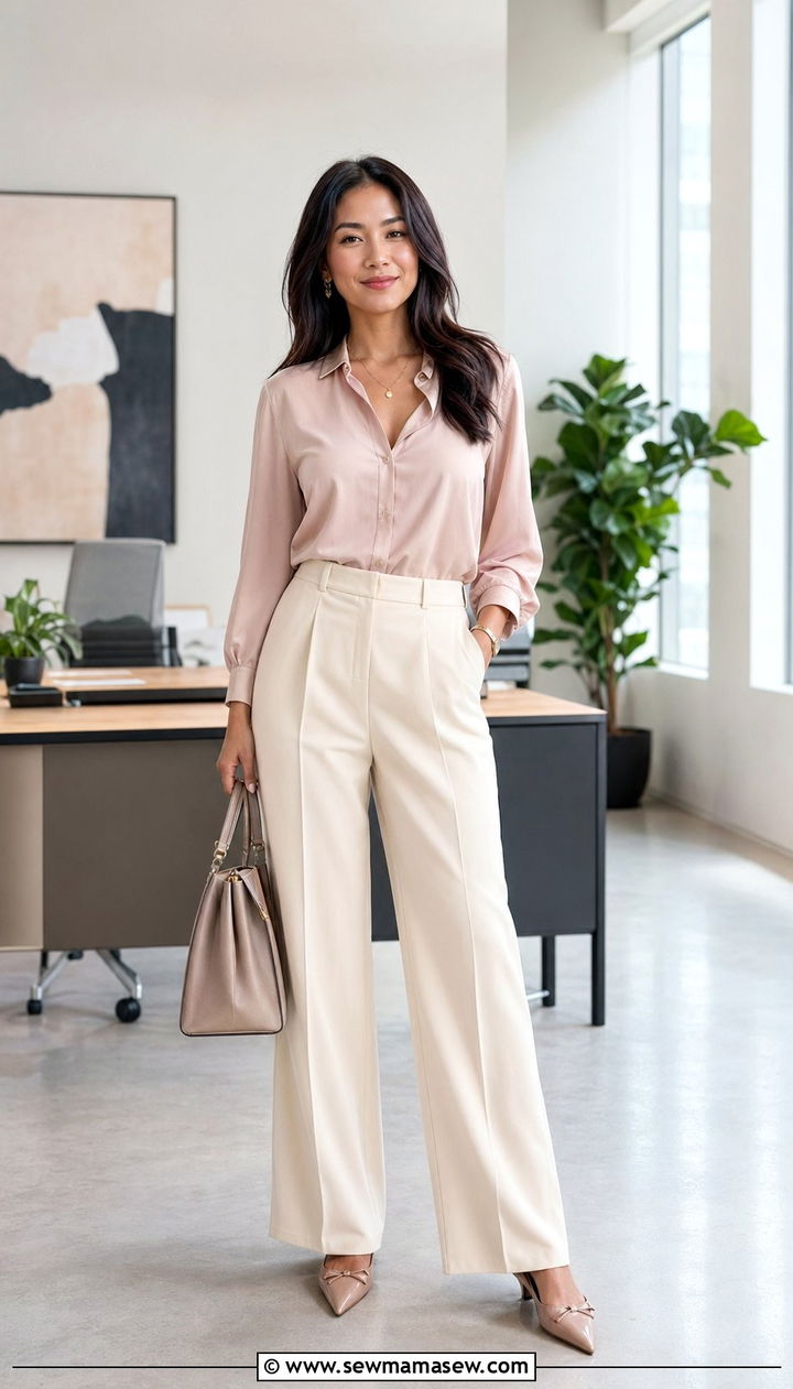 Wide Leg Trousers with a Silk Blouse - 30 Work outfit ideas for casual Friday
