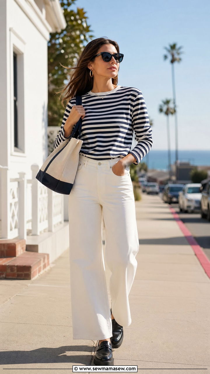 Wide Leg White Jeans Striped Shirt And Platform Loafers - 35 spring street style outfit ideas