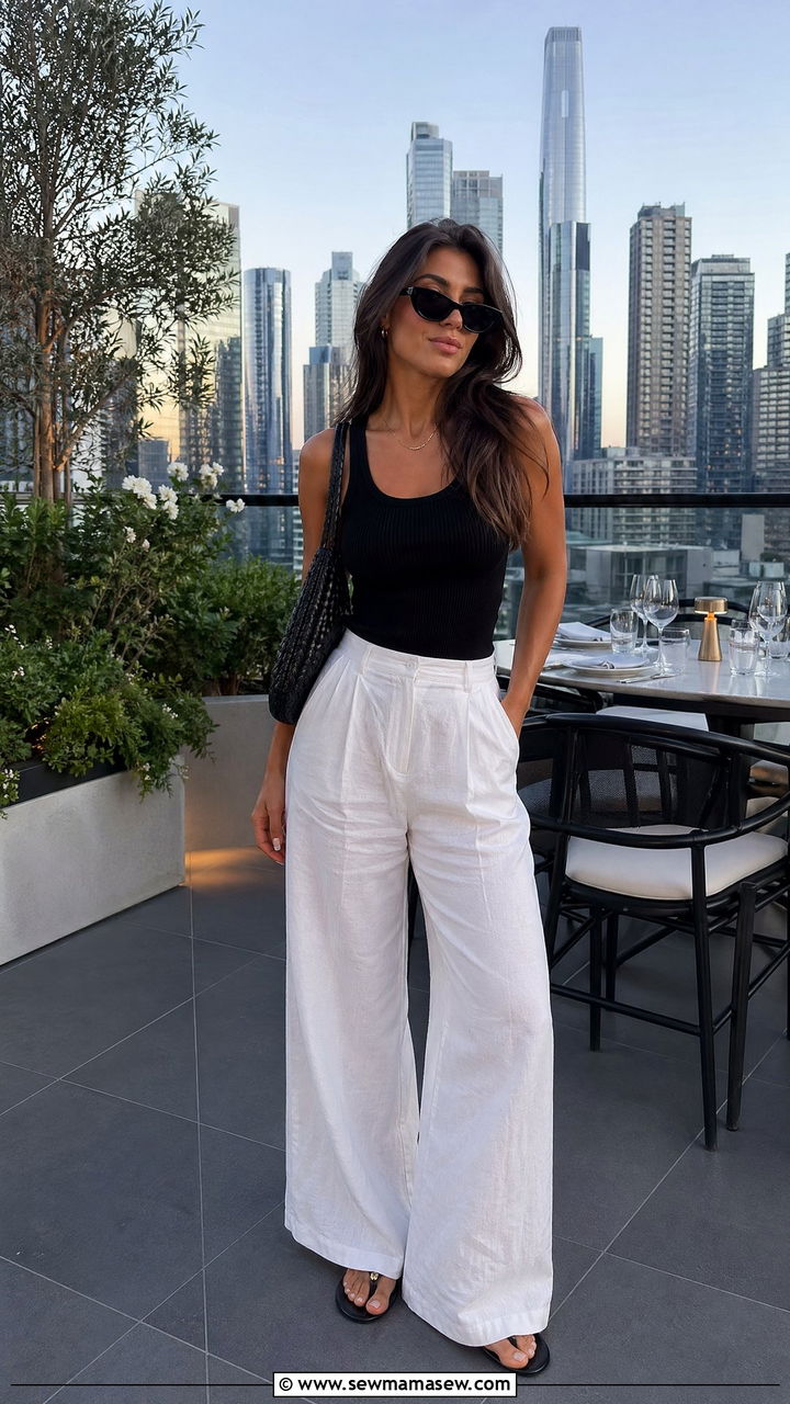 Wide Leg White Linen Trousers with a Black Knit Tank - 35 Summer outfits for young women