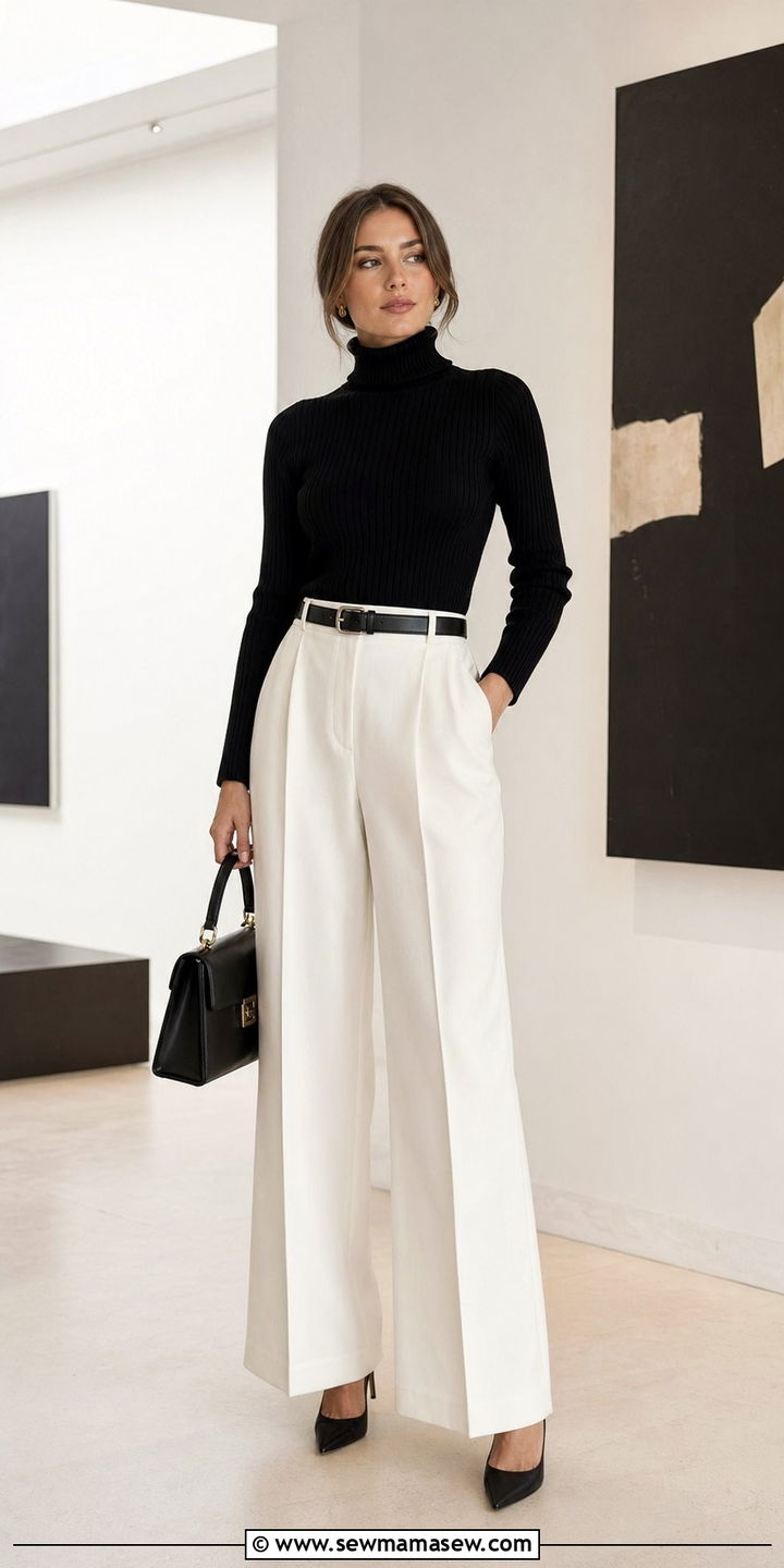 Wide Leg White Trousers with Black Turtleneck - 35 Modest outfit ideas old money