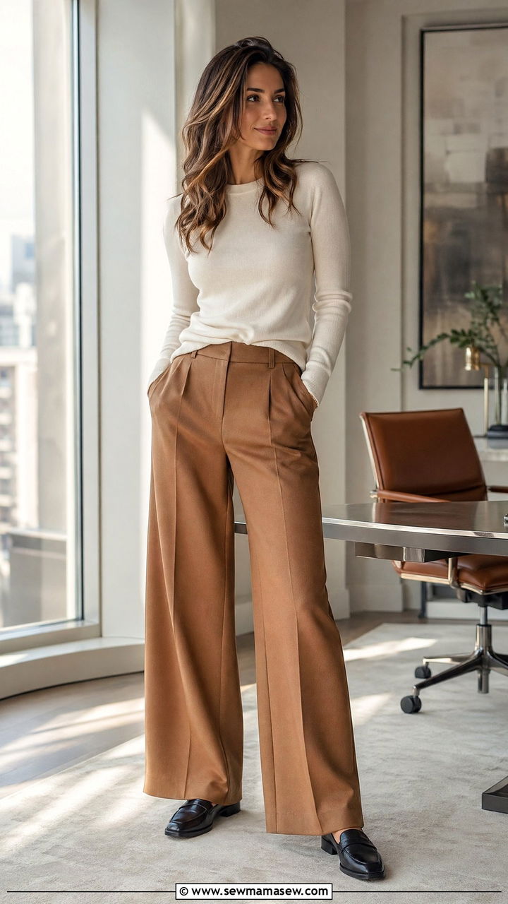 Wide Leg Wool Trousers With Slim Cashmere Sweater - 35 Counselor outfit ideas