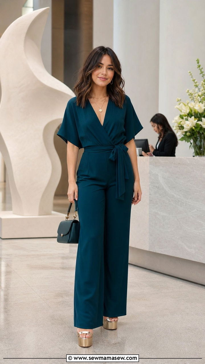 Wide Leg Wrap Jumpsuit With Metallic Platform Heels - 35 Petite outfit ideas for wedding guest