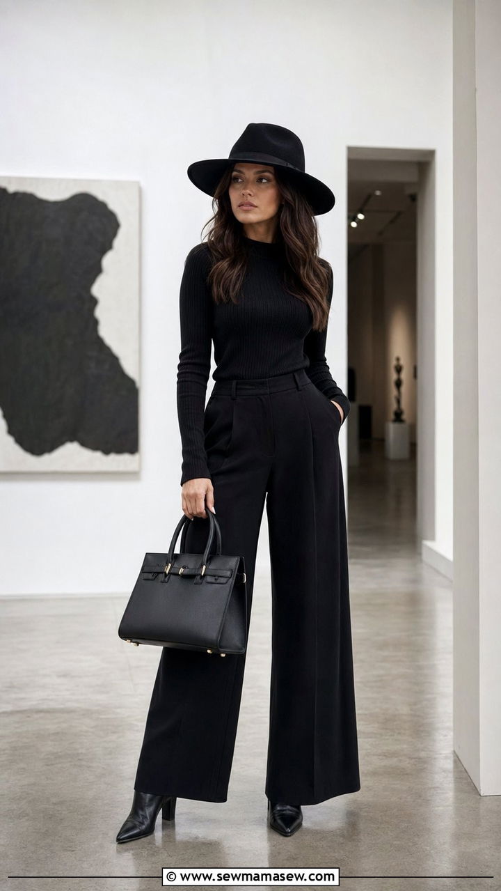 Wide brim black hat with all black outfit - 30 Wide brim hat outfit ideas