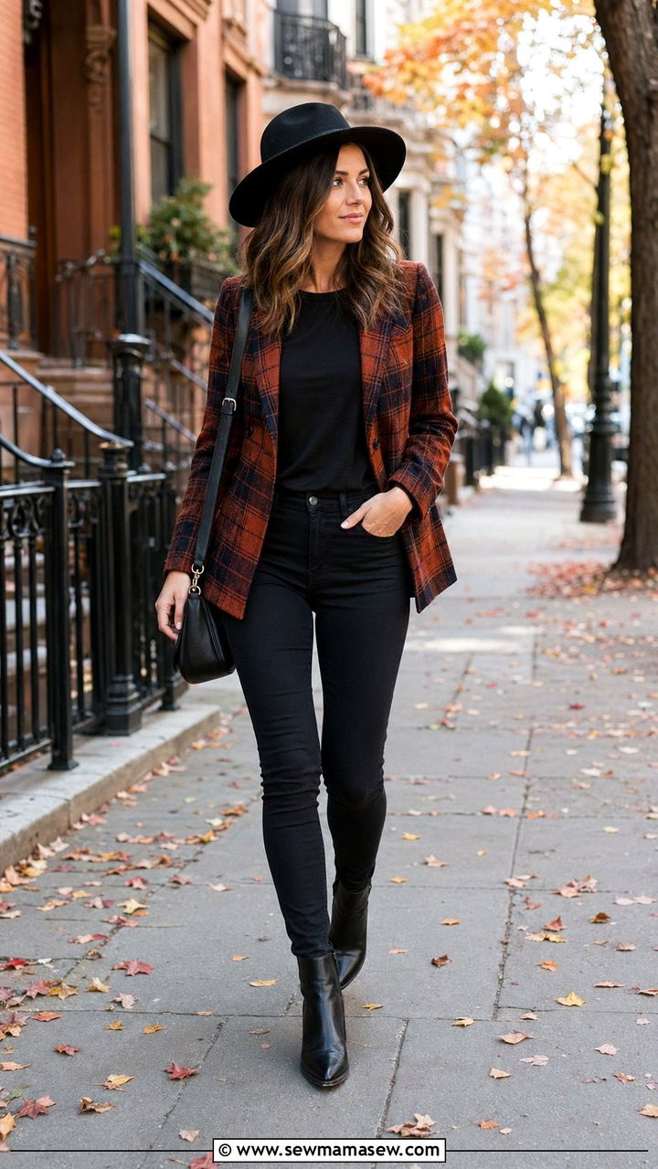 Wide brim felt hat with plaid blazer - 30 Wide brim hat outfit ideas