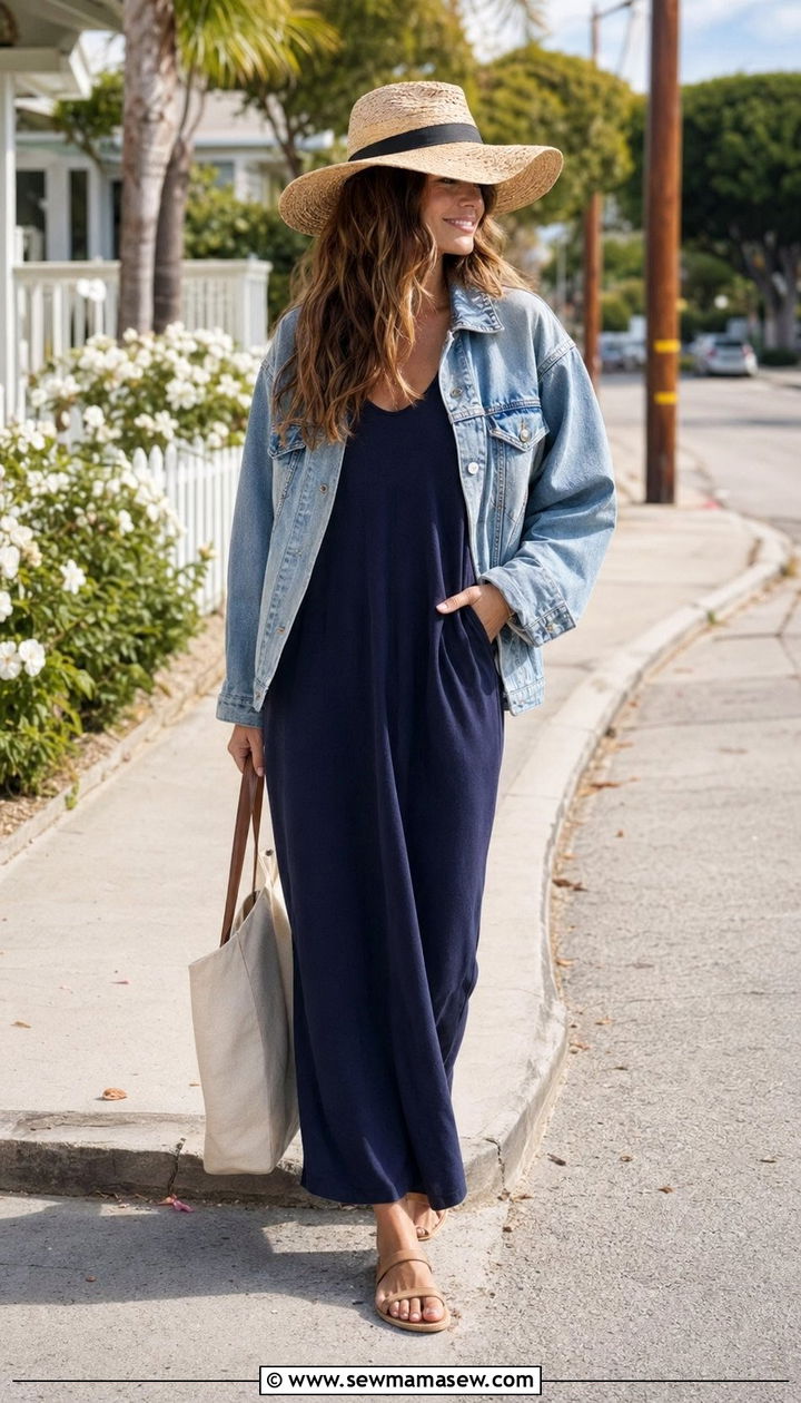 Wide brim hat with denim jacket and maxi dress - 30 Wide brim hat outfit ideas