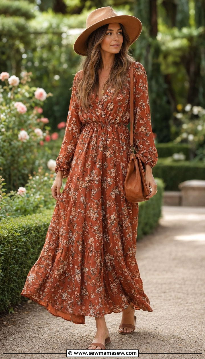 Wide brim hat with floral maxi dress - 30 Wide brim hat outfit ideas