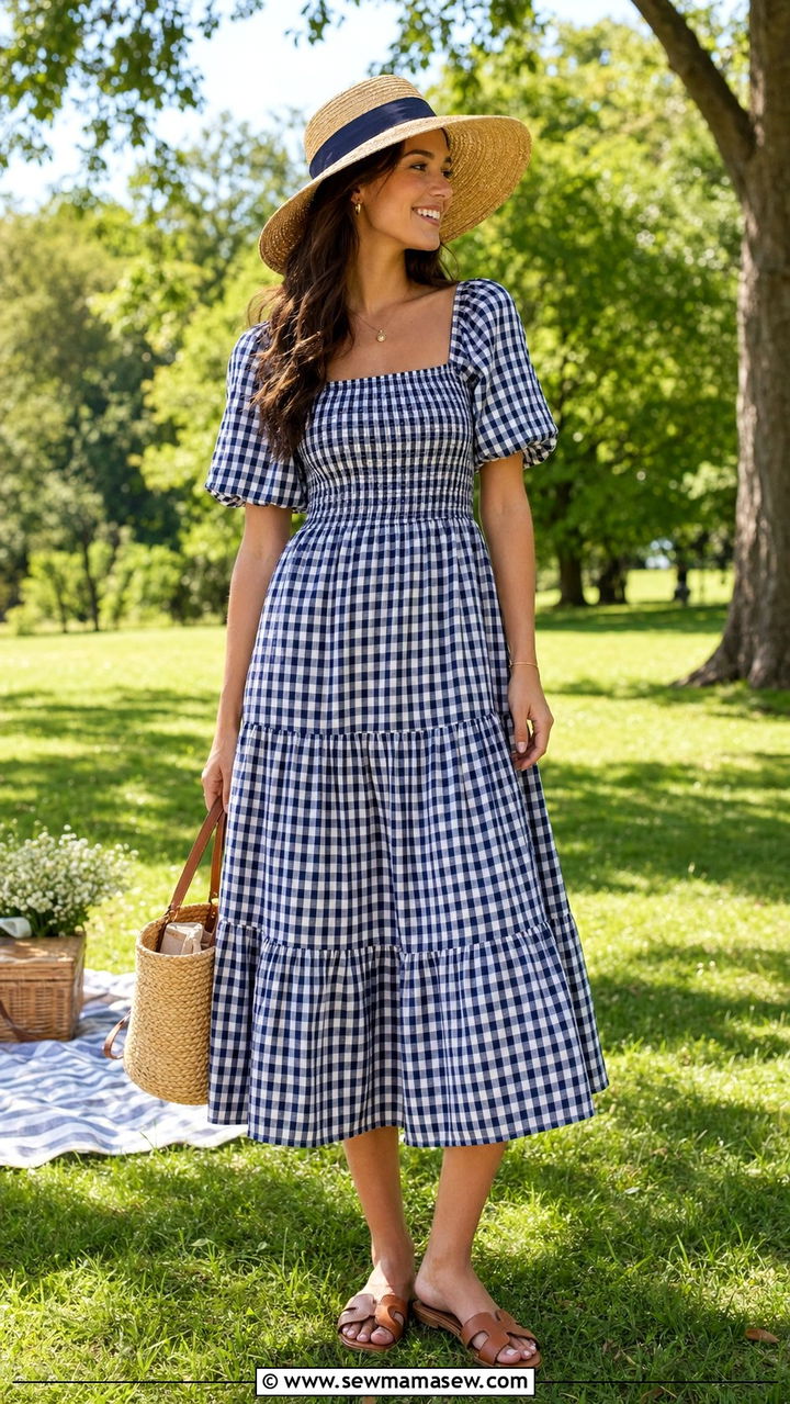 Wide brim hat with gingham dress - 30 Wide brim hat outfit ideas