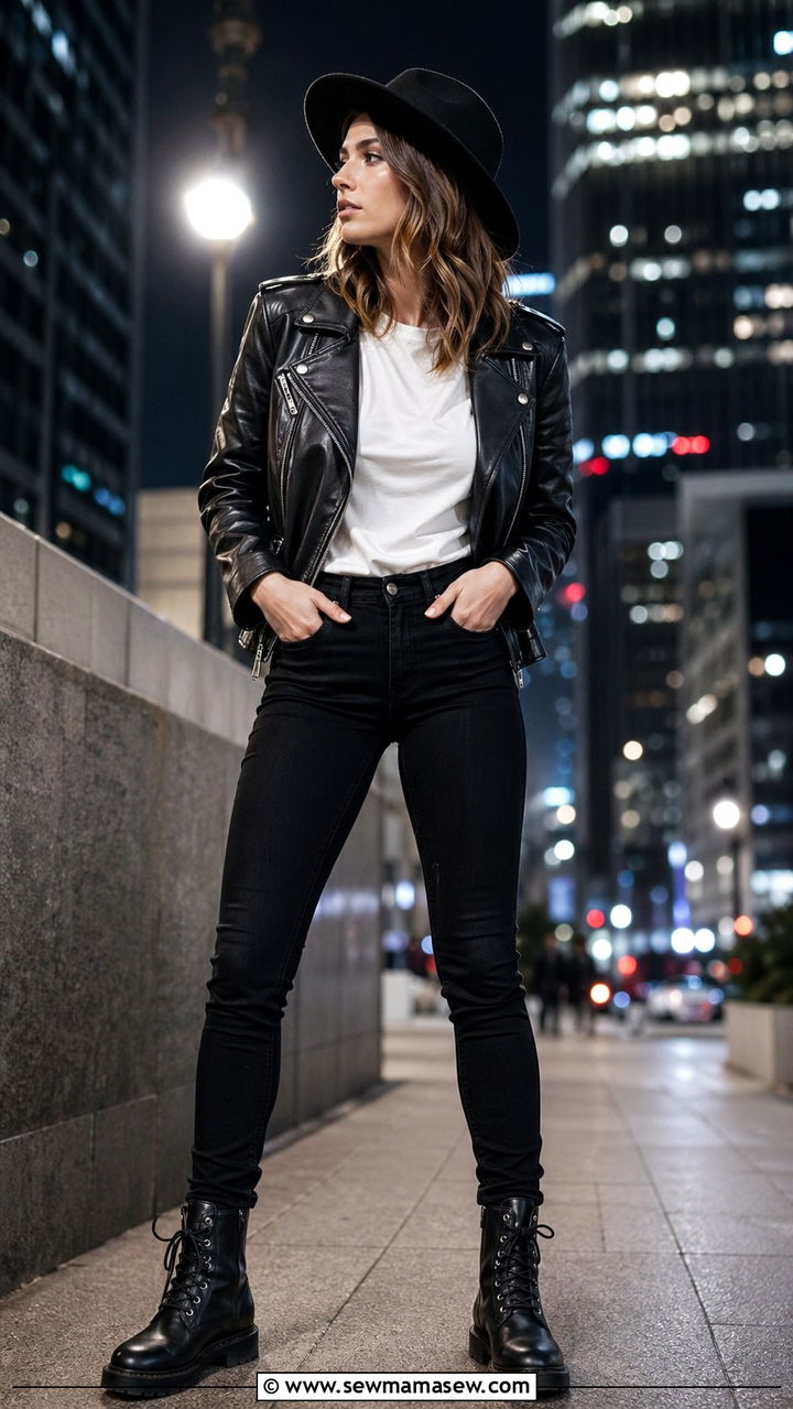 Wide brim hat with leather jacket and skinny jeans - 30 Wide brim hat outfit ideas