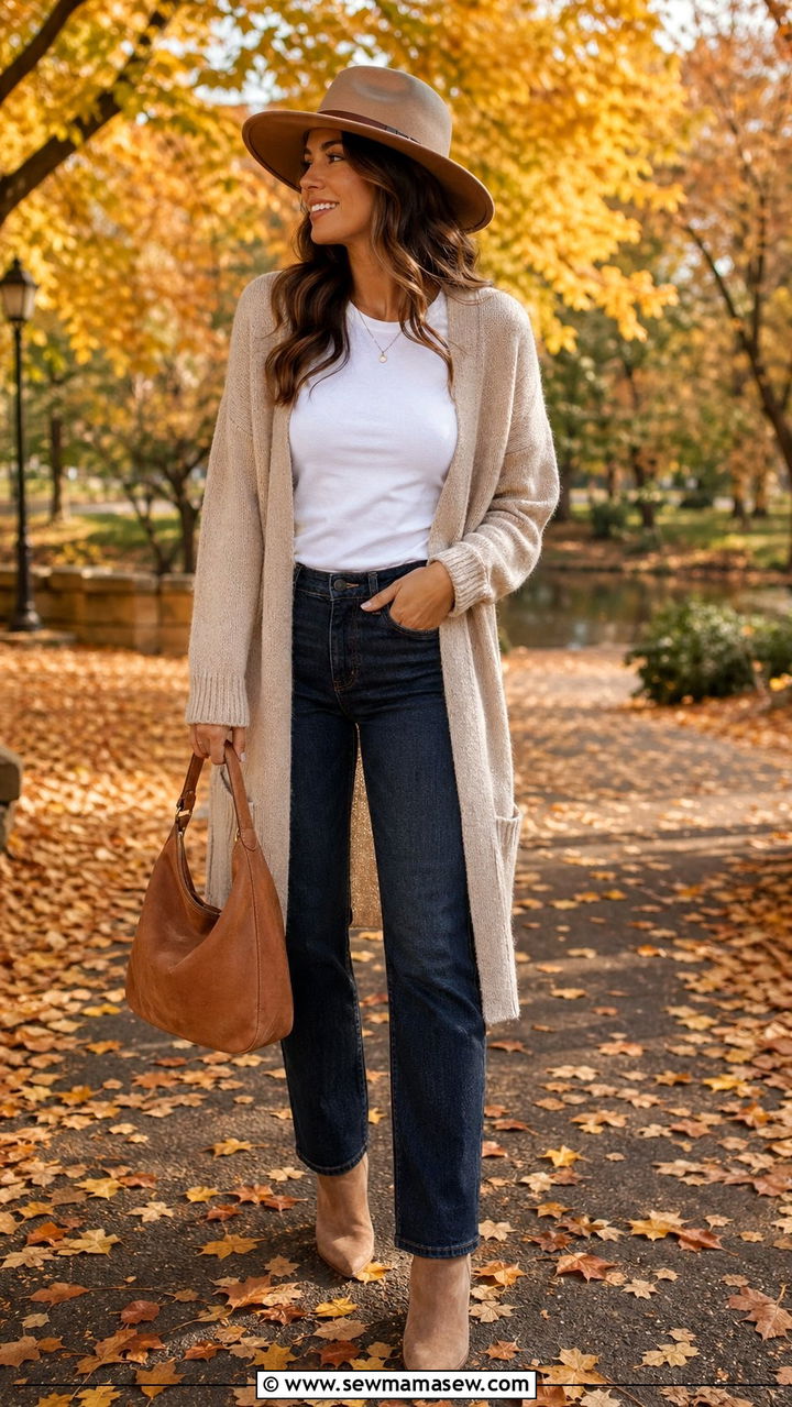 Wide brim hat with long cardigan and straight jeans - 30 Wide brim hat outfit ideas