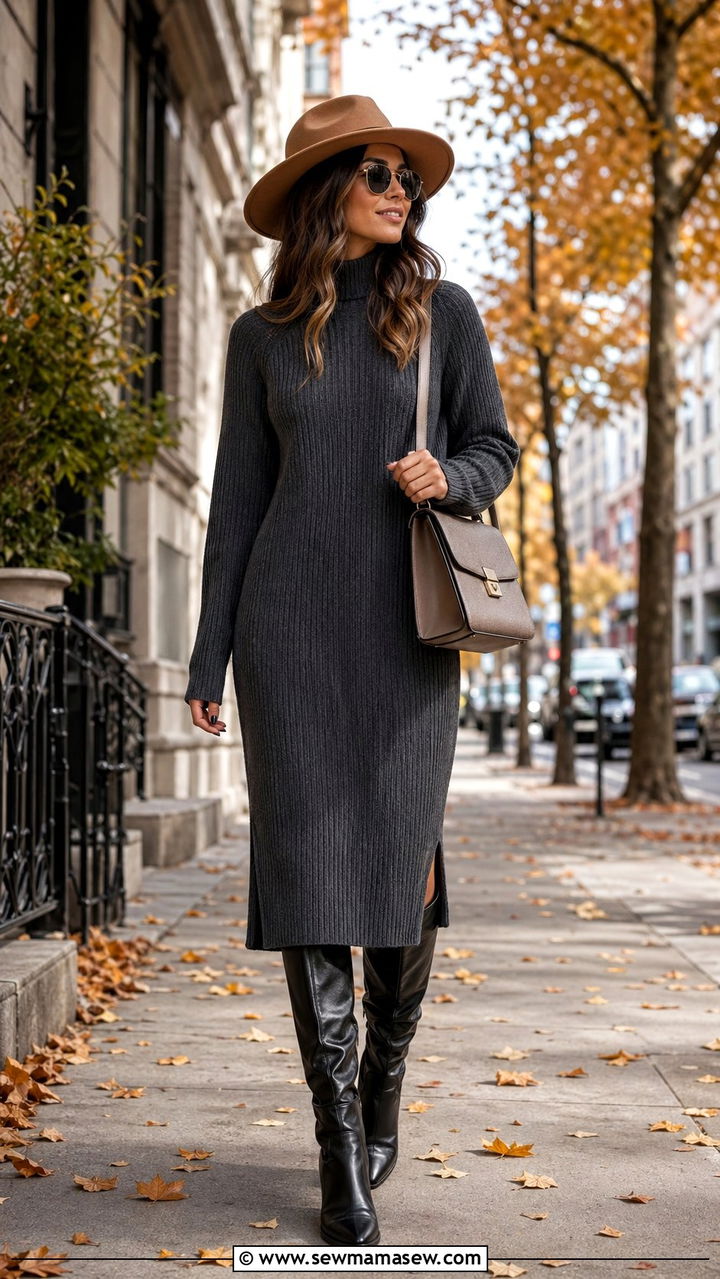 Wide brim hat with sweater dress and knee boots - 30 Wide brim hat outfit ideas