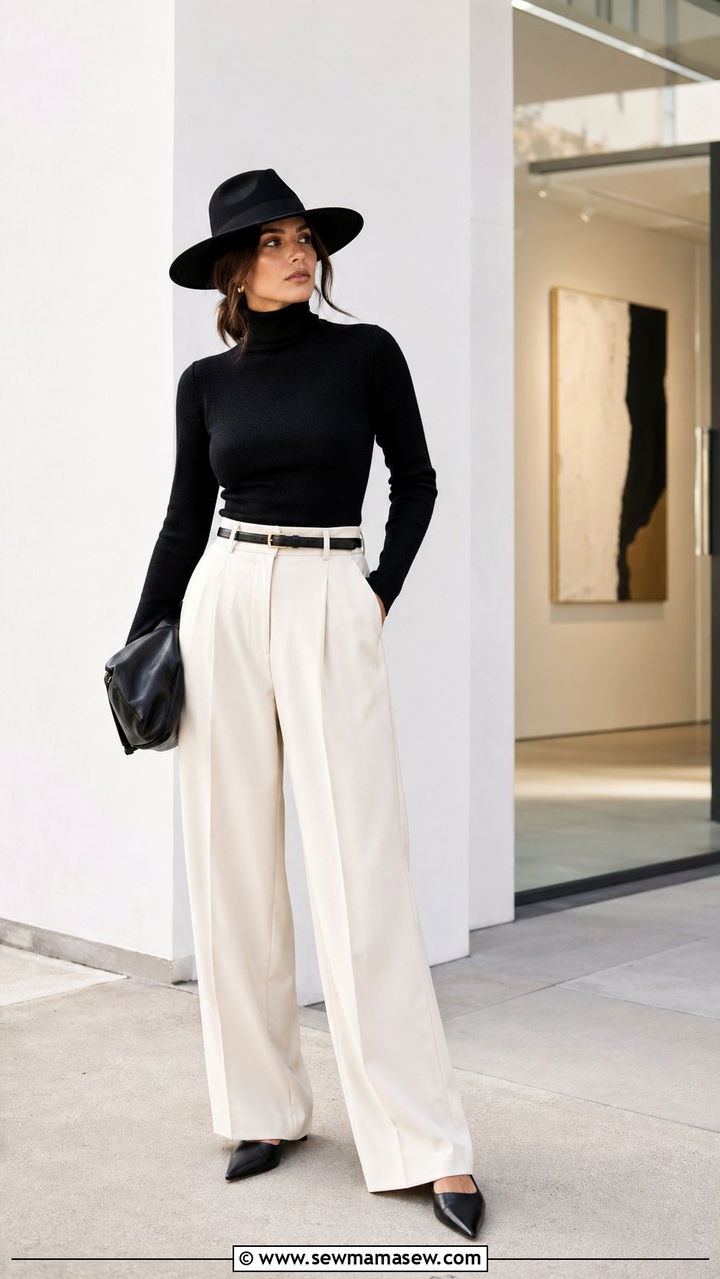Wide brim hat with turtleneck and wide leg trousers - 30 Wide brim hat outfit ideas