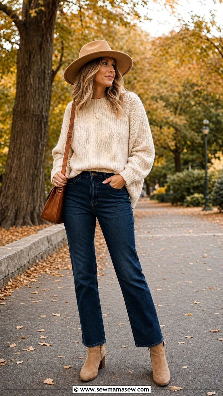 Wide brim wool hat with sweater and jeans - 30 Wide brim hat outfit ideas