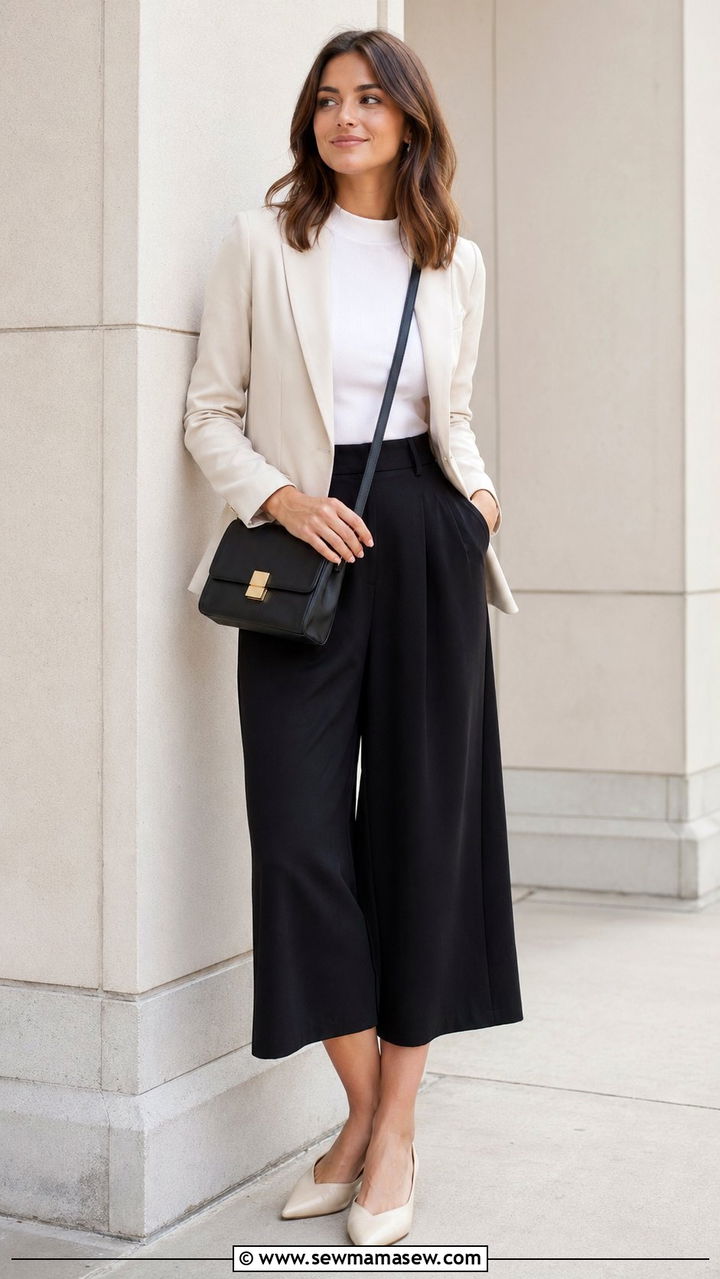 Wide leg culottes with tucked in t shirt and blazer - 35 Modest outfit ideas for office