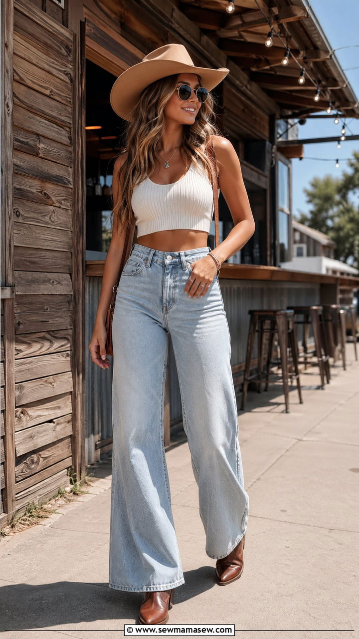 Wide leg jeans and crop top - 35 Country concert outfits