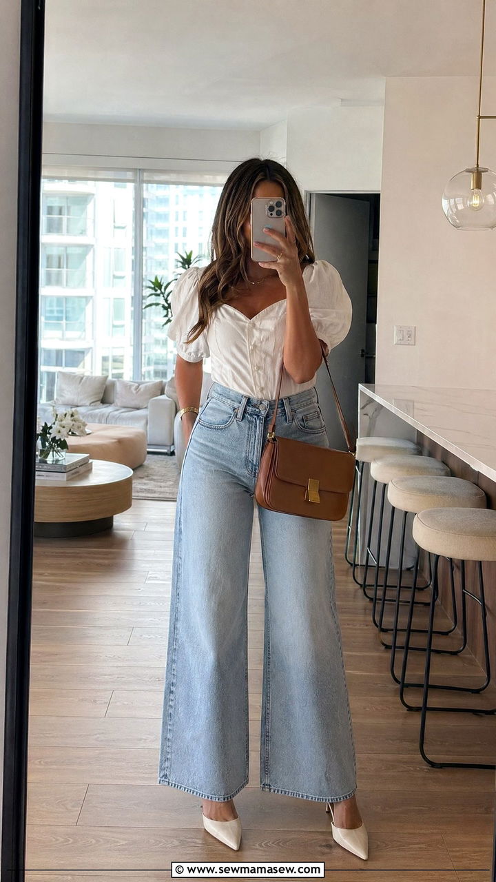 Wide leg jeans and puff sleeve blouse - 35 chic brunch outfits for women
