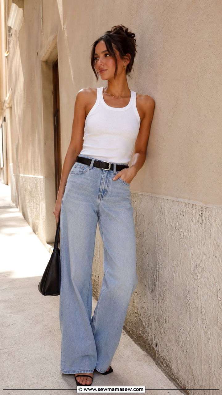 Wide leg jeans and white tank outfit - 35 Cool girl outfit ideas