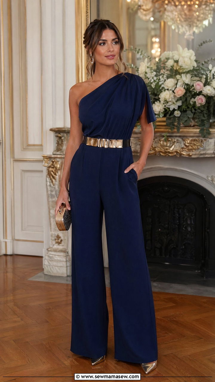 Wide leg jumpsuit with statement belt and heels - 35 summer wedding guest outfit ideas