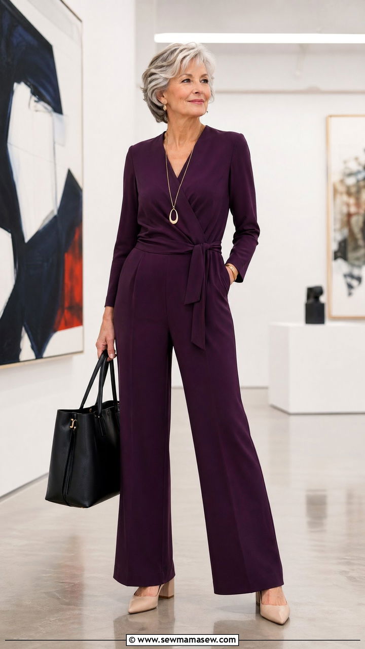 Wide leg jumpsuit with structured tote outfit - 35 Classy outfit ideas for women over 60