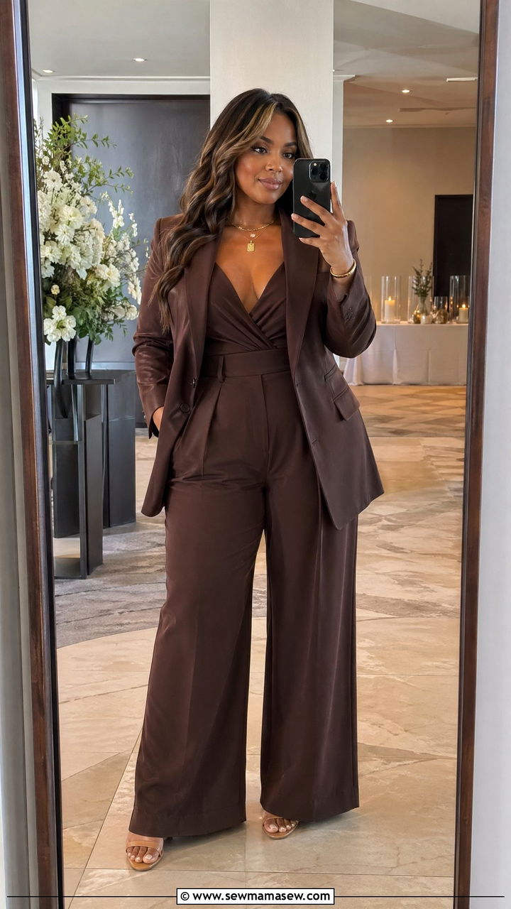 Wide leg jumpsuit with tailored blazer - 35 Wedding guest outfits for curvy women