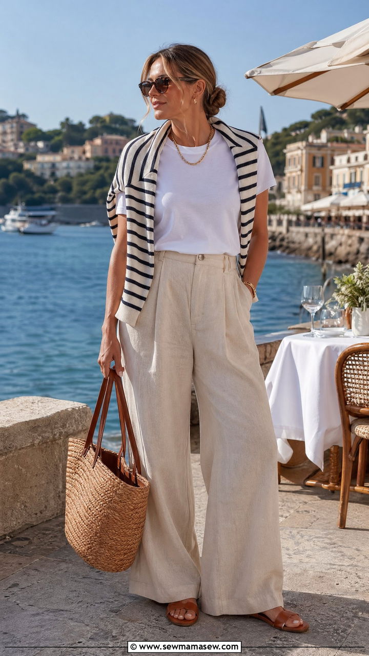 Wide leg linen trousers and cotton crewneck tee coastal grandmother outfit - 35 coastal grandmother outfits ideas