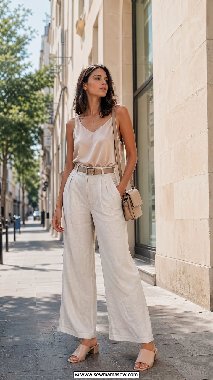 Wide leg linen trousers with a silk sleeveless top - 35 classy hot weather outfits