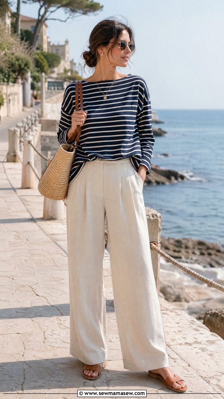 Wide leg linen trousers with a striped boatneck top and leather slides - 35 Spring outfit ideas 2026