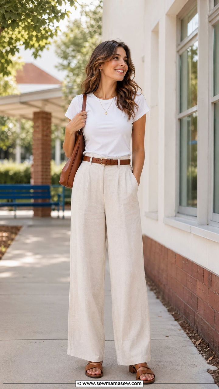 Wide leg linen trousers with tucked tee - 35 Teacher outfits for spring