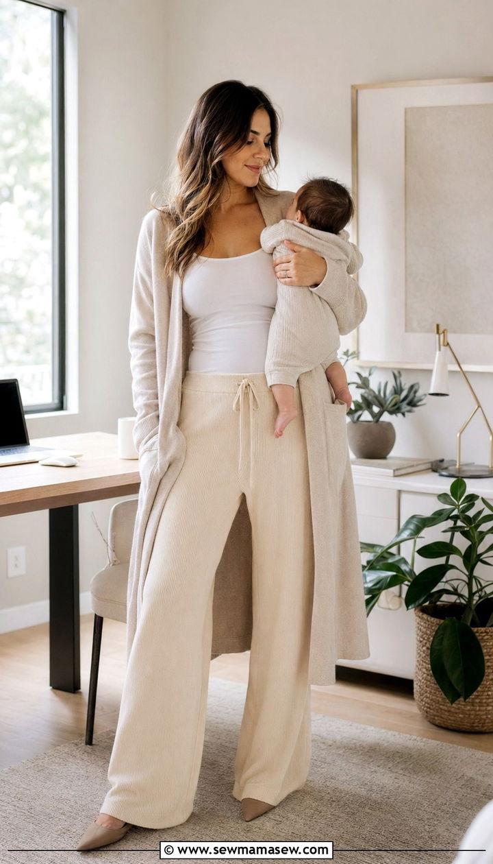 Wide leg lounge pants and cardigan outfit - 35 Outfit ideas for new moms