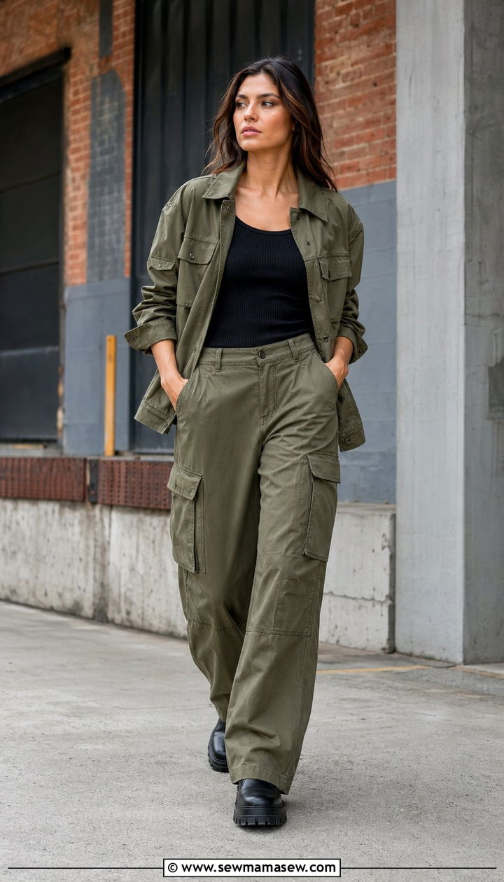 Wide leg pants matching cargo jacket set outfit - 30 Wide leg pants matching set outfit ideas