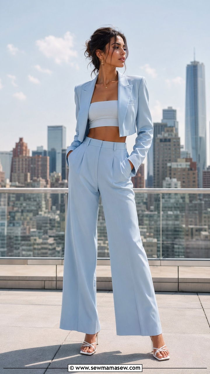 Wide leg pants matching cropped blazer set outfit - 30 Wide leg pants matching set outfit ideas