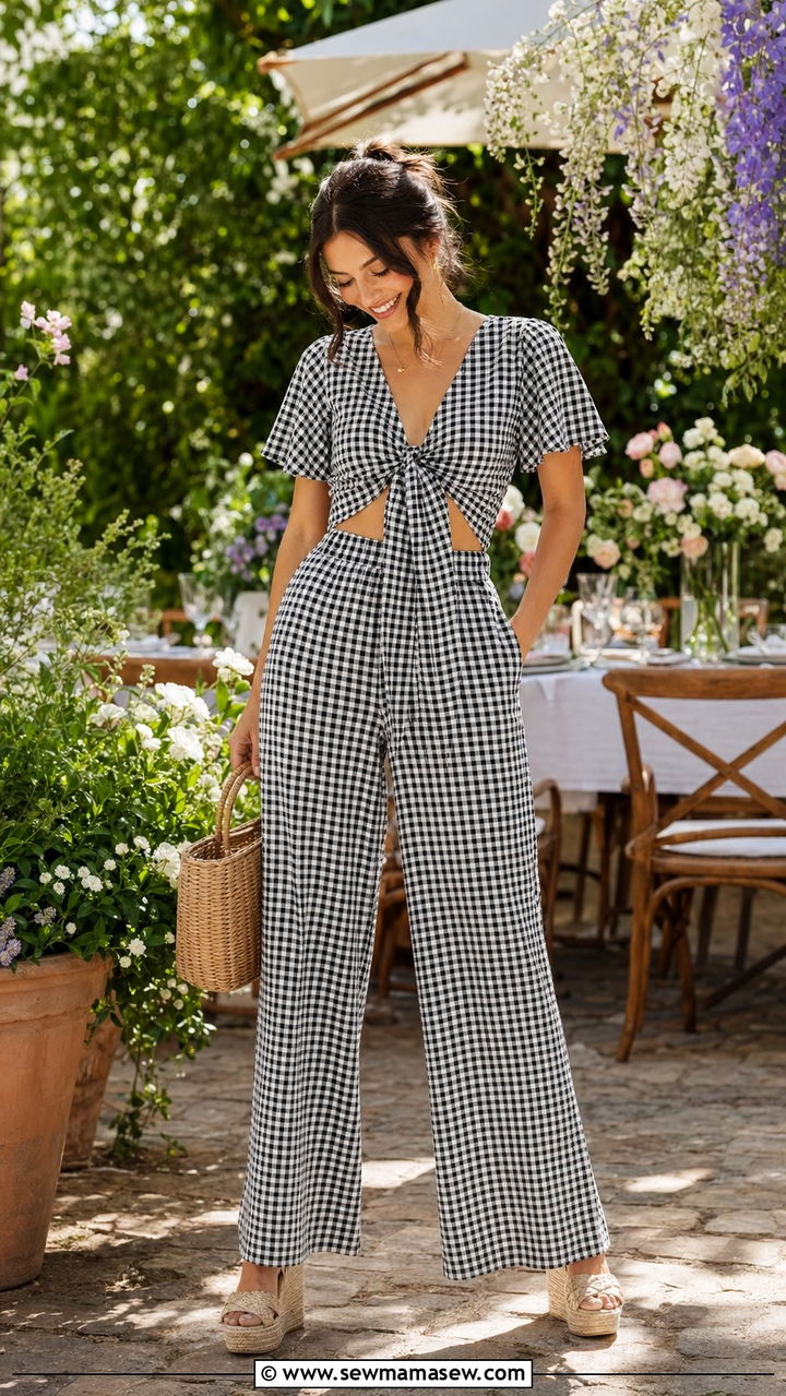 Wide leg pants matching gingham print set outfit - 30 Wide leg pants matching set outfit ideas