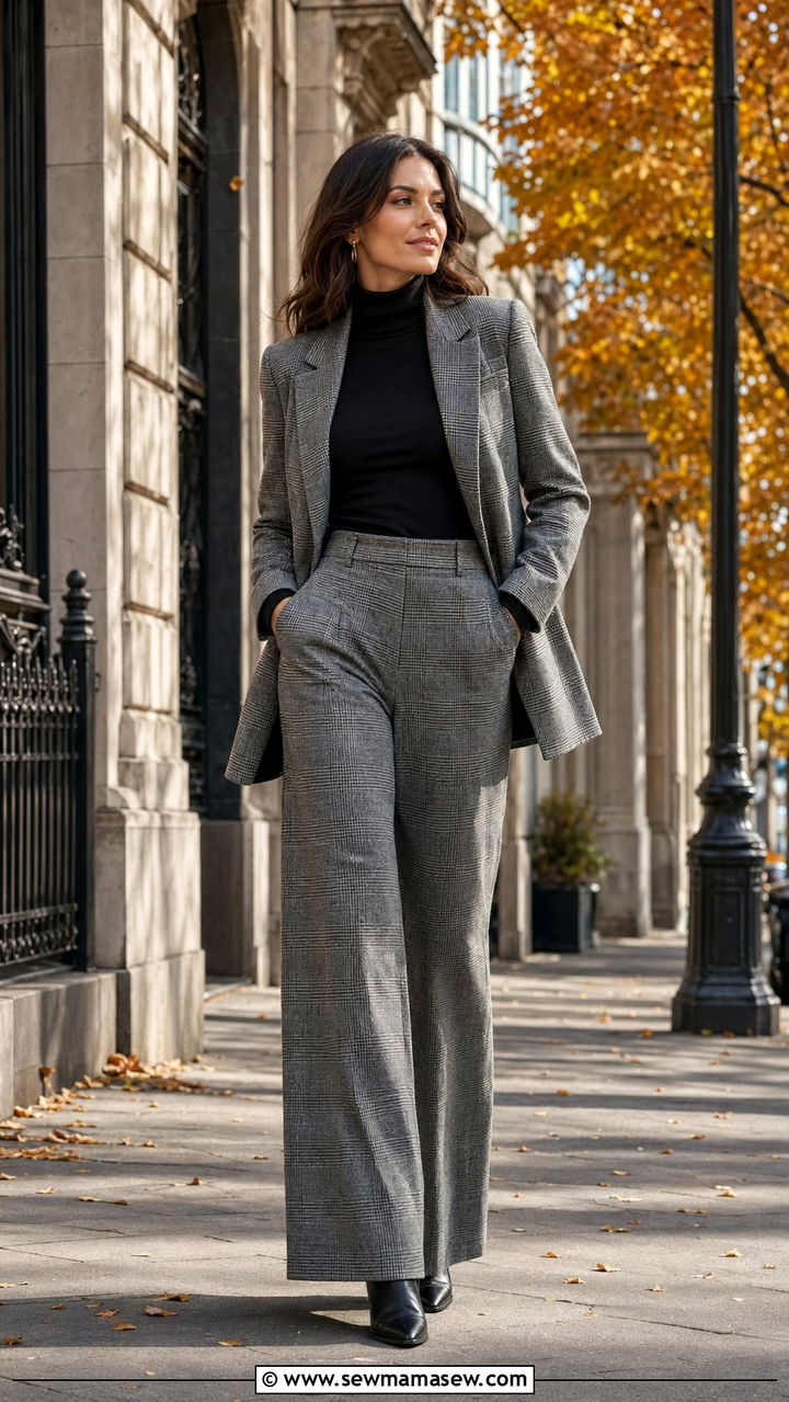 Wide leg pants matching plaid blazer set outfit - 30 Wide leg pants matching set outfit ideas