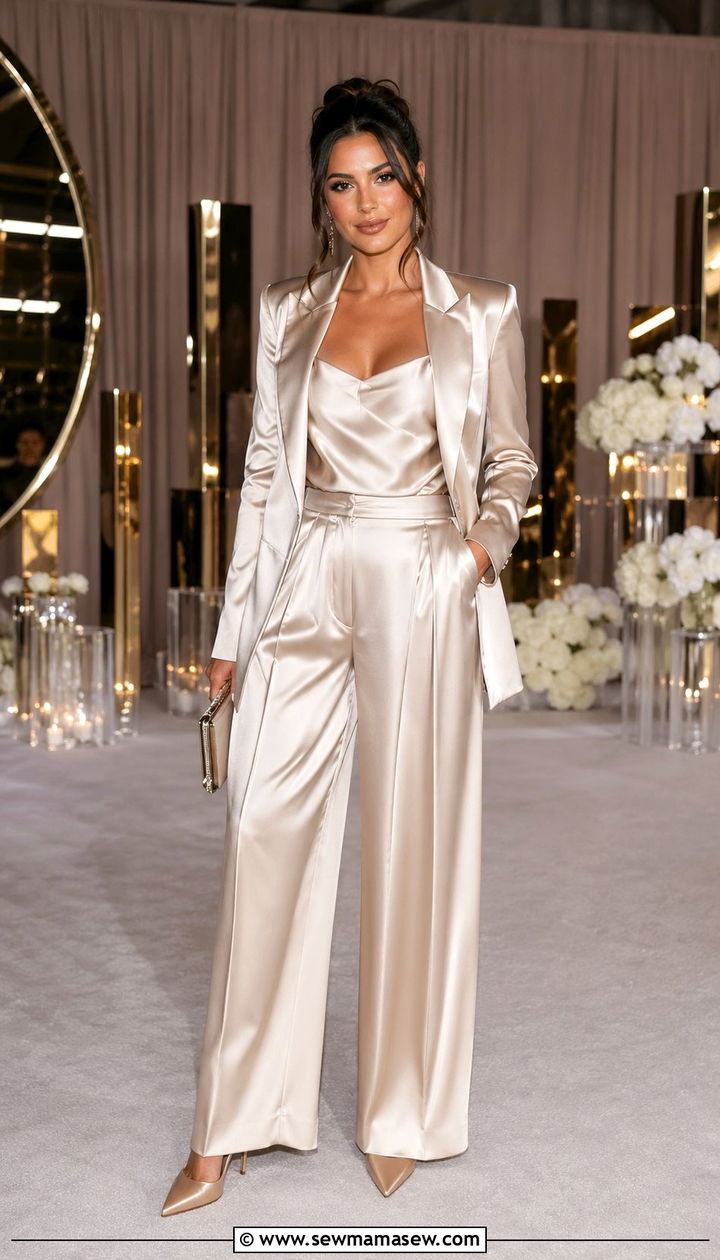 Wide leg pants matching satin blazer set outfit - 30 Wide leg pants matching set outfit ideas
