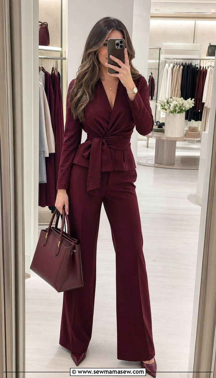 Wide leg pants matching wrap top set outfit - 30 Wide leg pants matching set outfit ideas