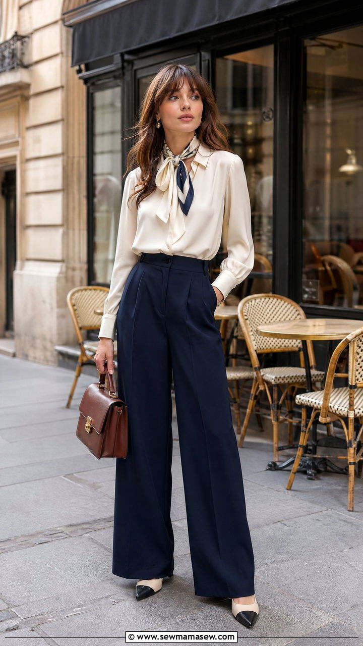 Wide leg pants with blouse and neck scarf - 35 wide leg pants outfit ideas for women