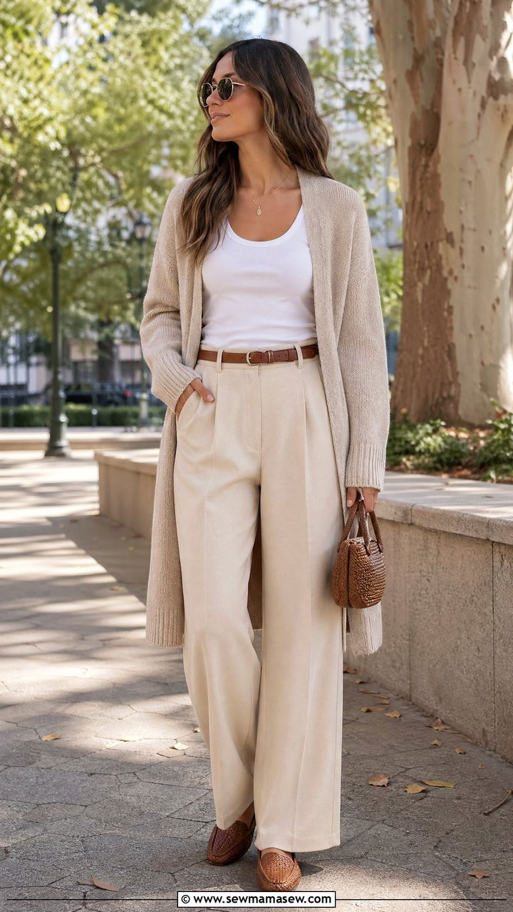 Wide leg pants with cardigan - 35 wide leg pants outfit ideas
