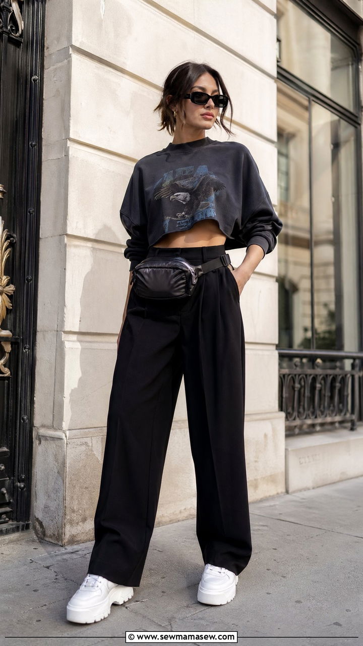 Wide leg pants with chunky sneakers - 35 wide leg pants outfit ideas for women