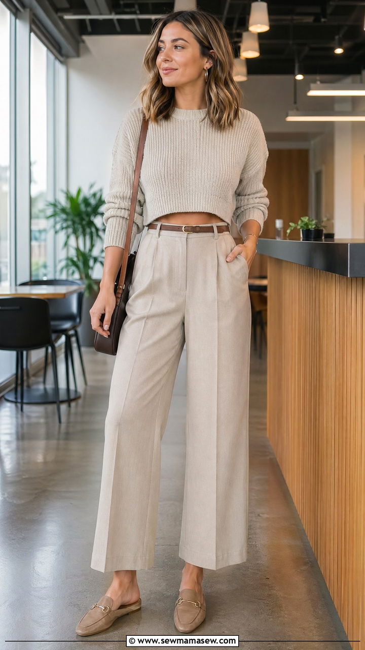 Wide leg pants with cropped sweater outfit - 35 spring comfy outfit ideas