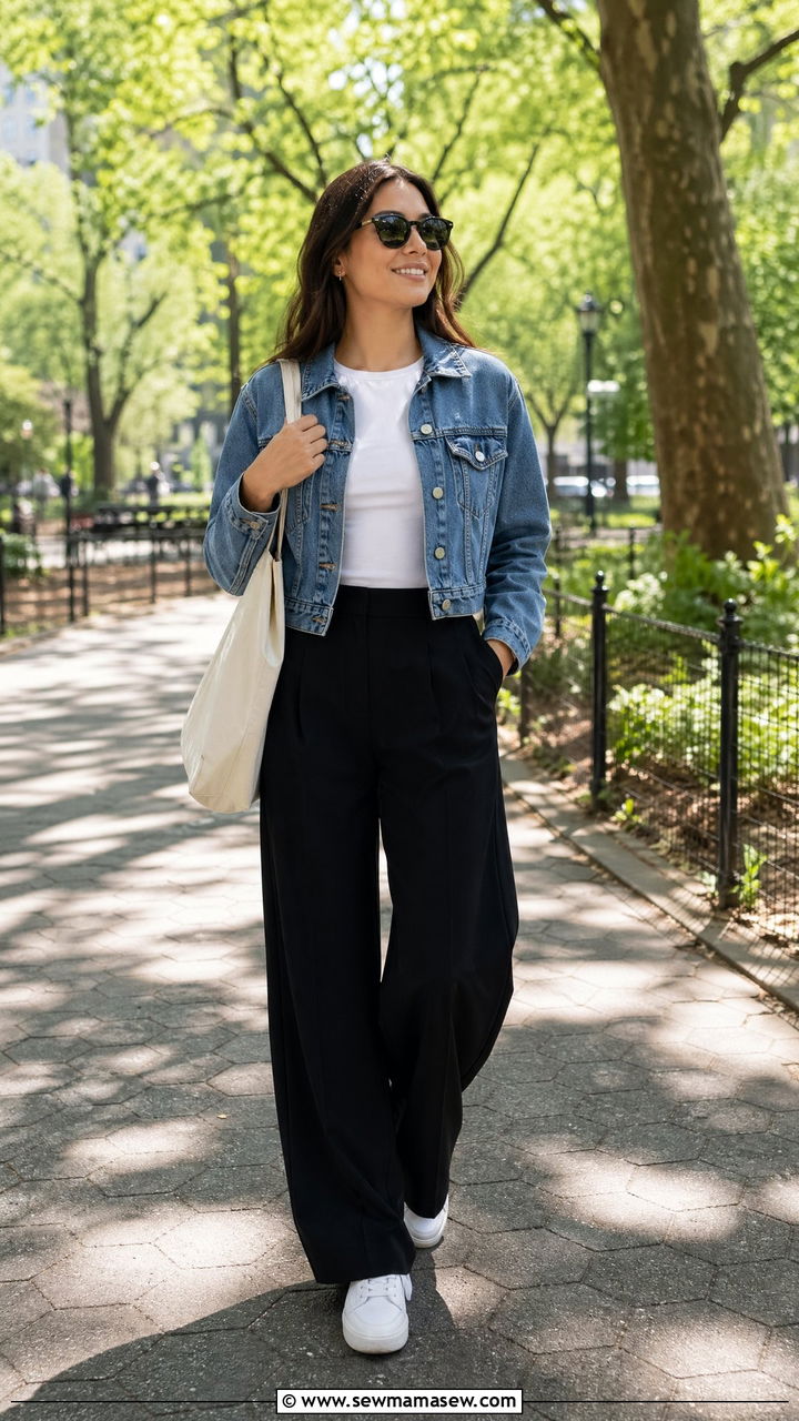 Wide leg pants with denim jacket - 35 wide leg pants outfit ideas for women