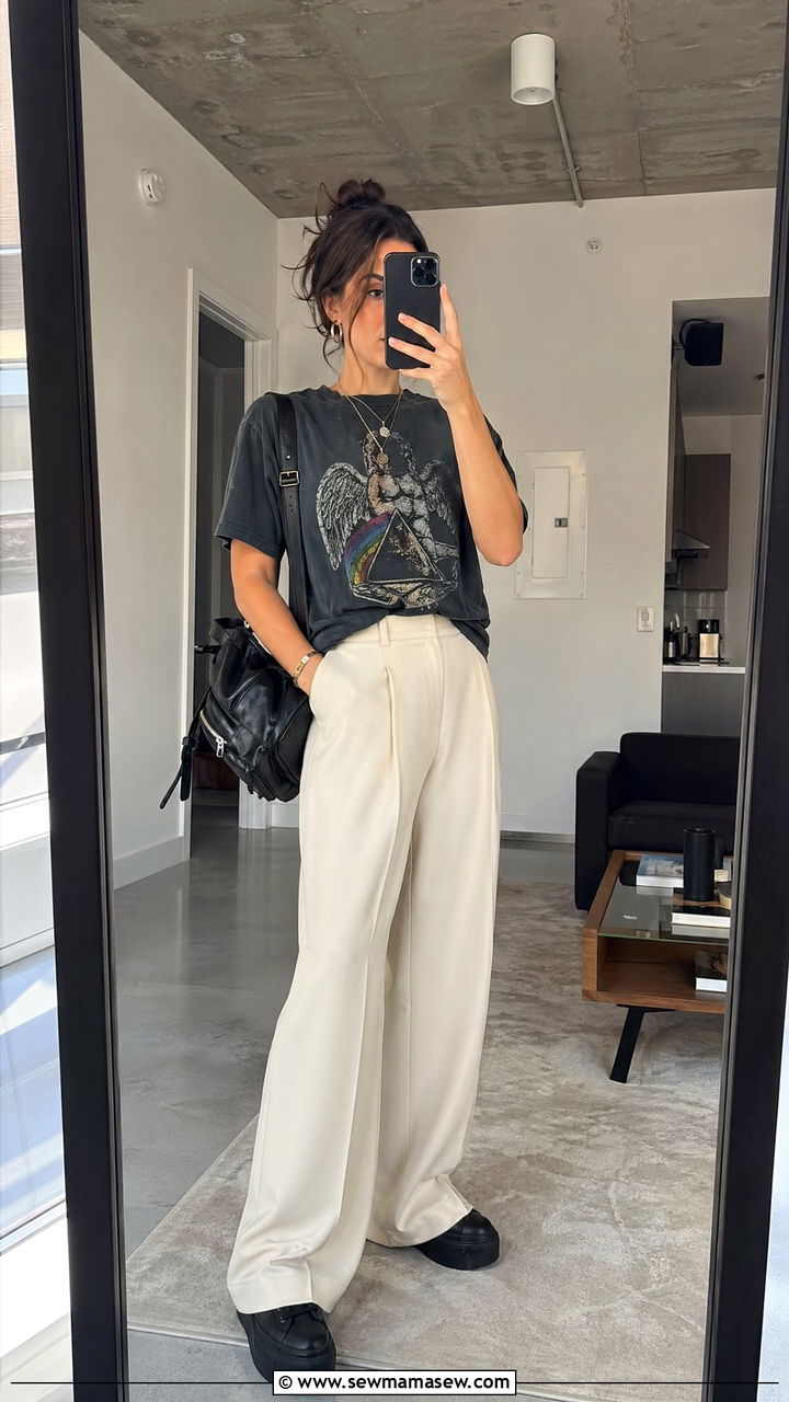 Wide leg pants with graphic tee - 35 wide leg pants outfit ideas
