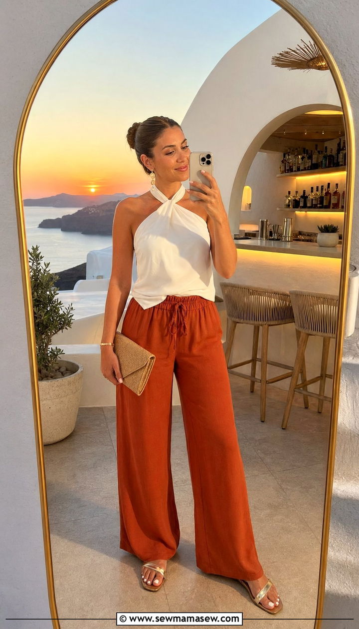 Wide leg pants with halter top - 35 Santorini vacation outfit ideas