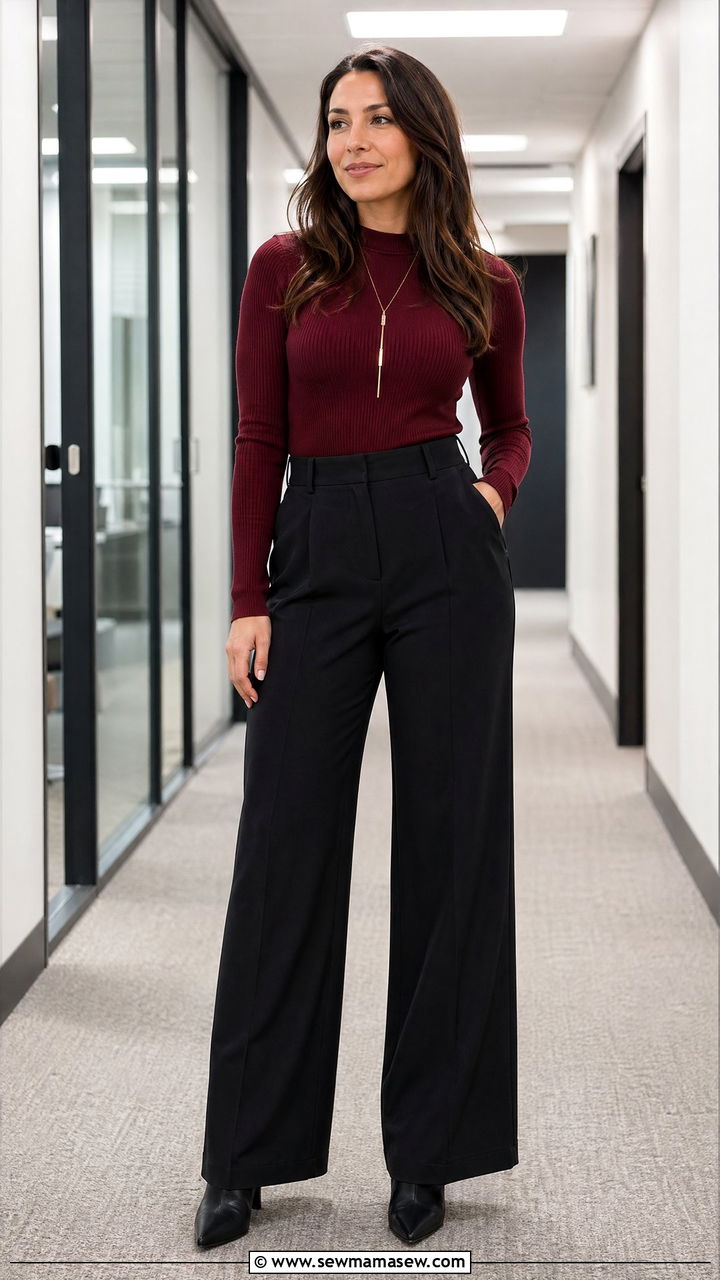 Wide leg pants with long sleeve fitted top - 35 wide leg pants outfit ideas for women