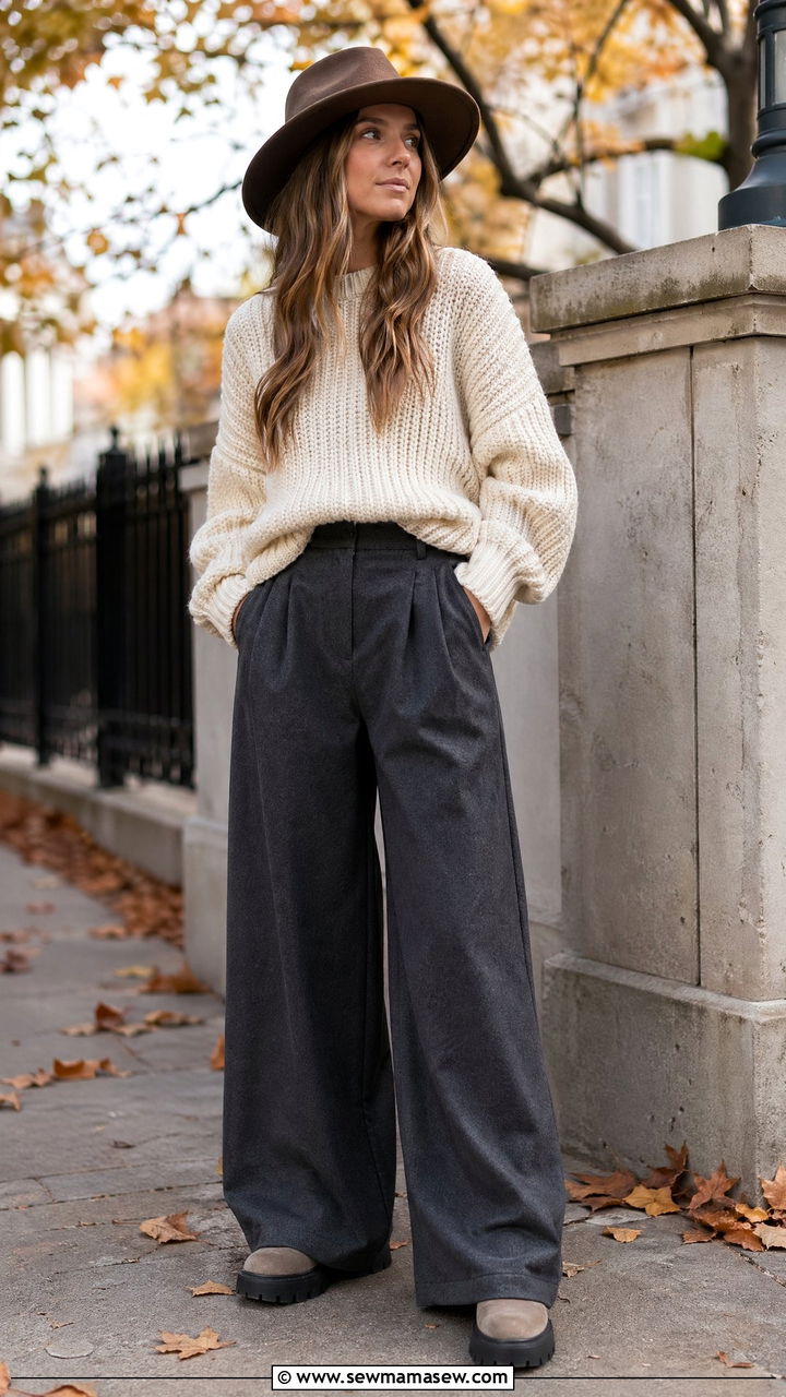 Wide leg pants with oversized sweater - 35 wide leg pants outfit ideas for women