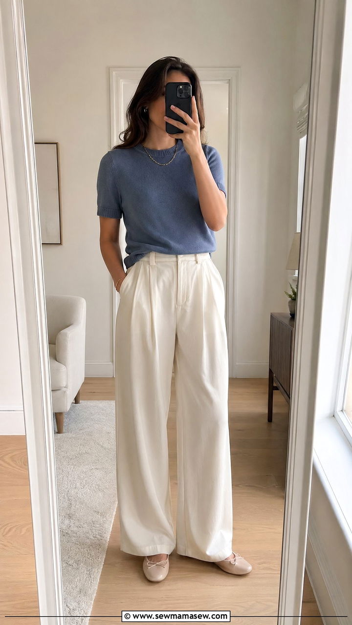 Wide leg pants with short sleeve knit - 35 wide leg pants outfit ideas for women