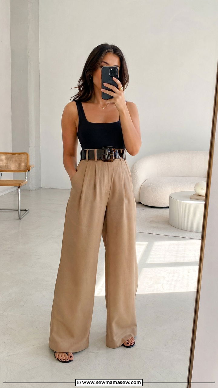 Wide leg pants with statement belt - 35 wide leg pants outfit ideas for women
