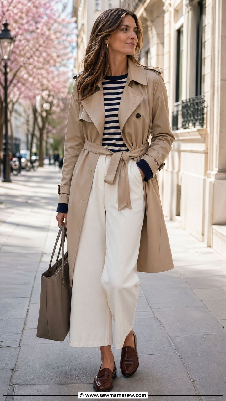 Wide leg pants with trench coat - 35 wide leg pants outfit ideas for women