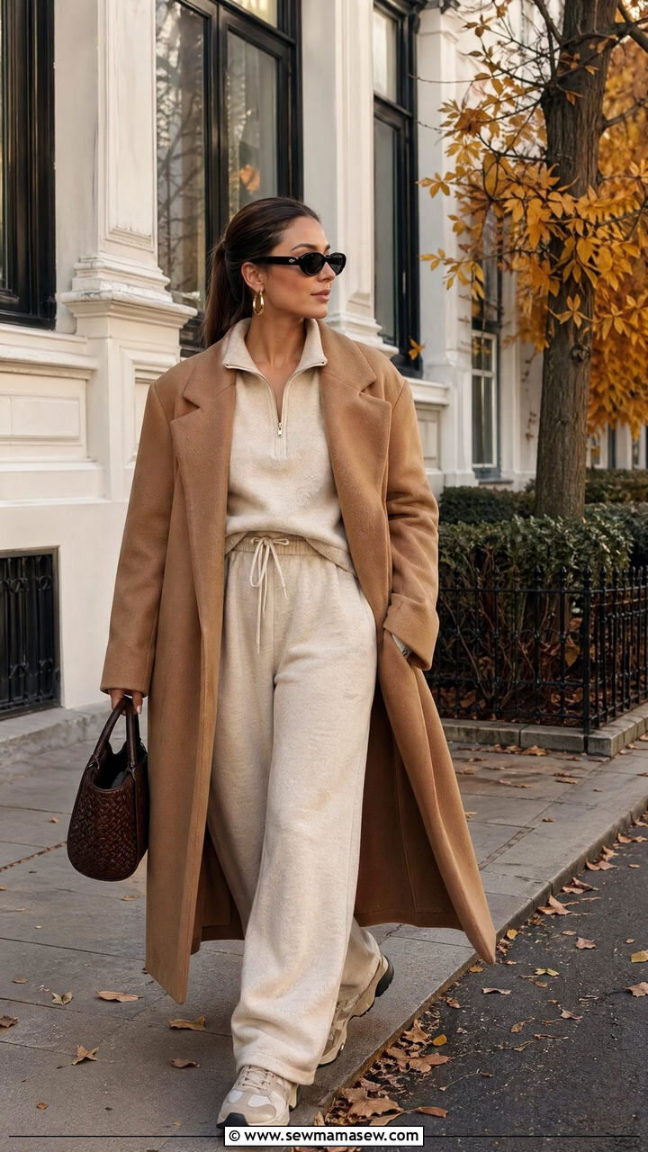 Wide leg sweatpants with structured coat - 35 wide leg pants outfit ideas for women