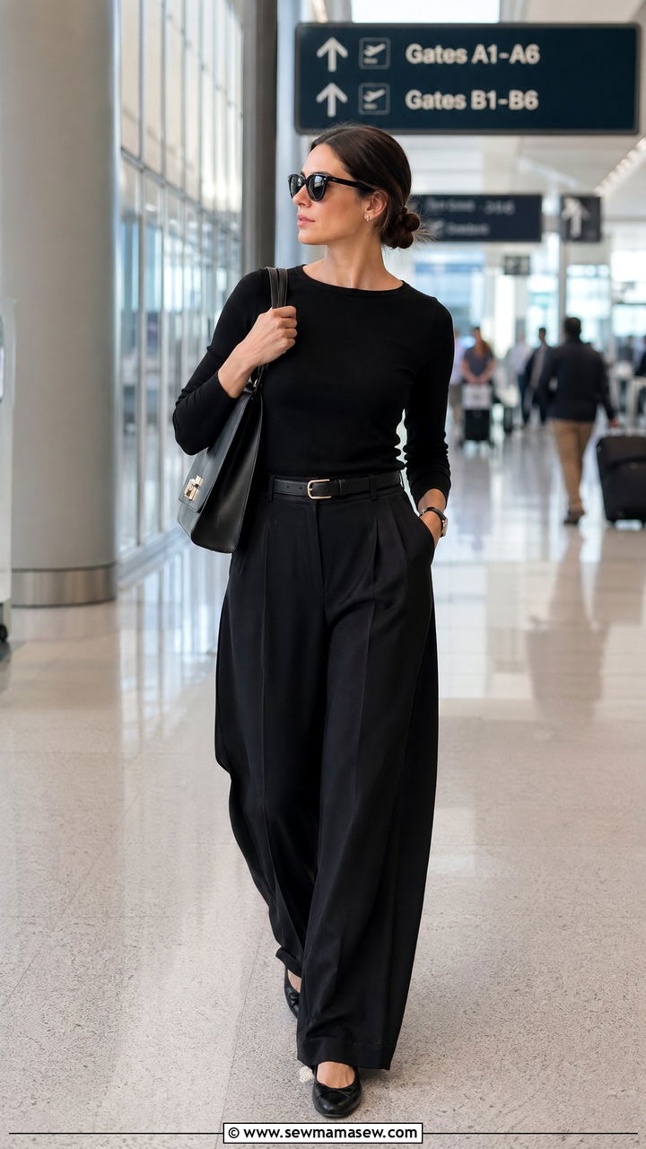 Wide leg trousers and knit travel outfit - 35 Travel day outfit ideas