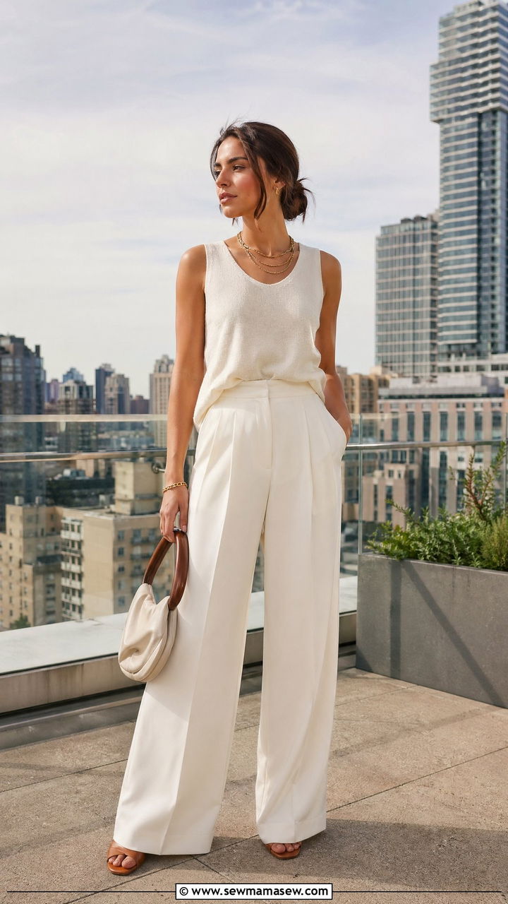 Wide leg trousers and lightweight sweater tank outfit - 35 summer comfy outfit ideas