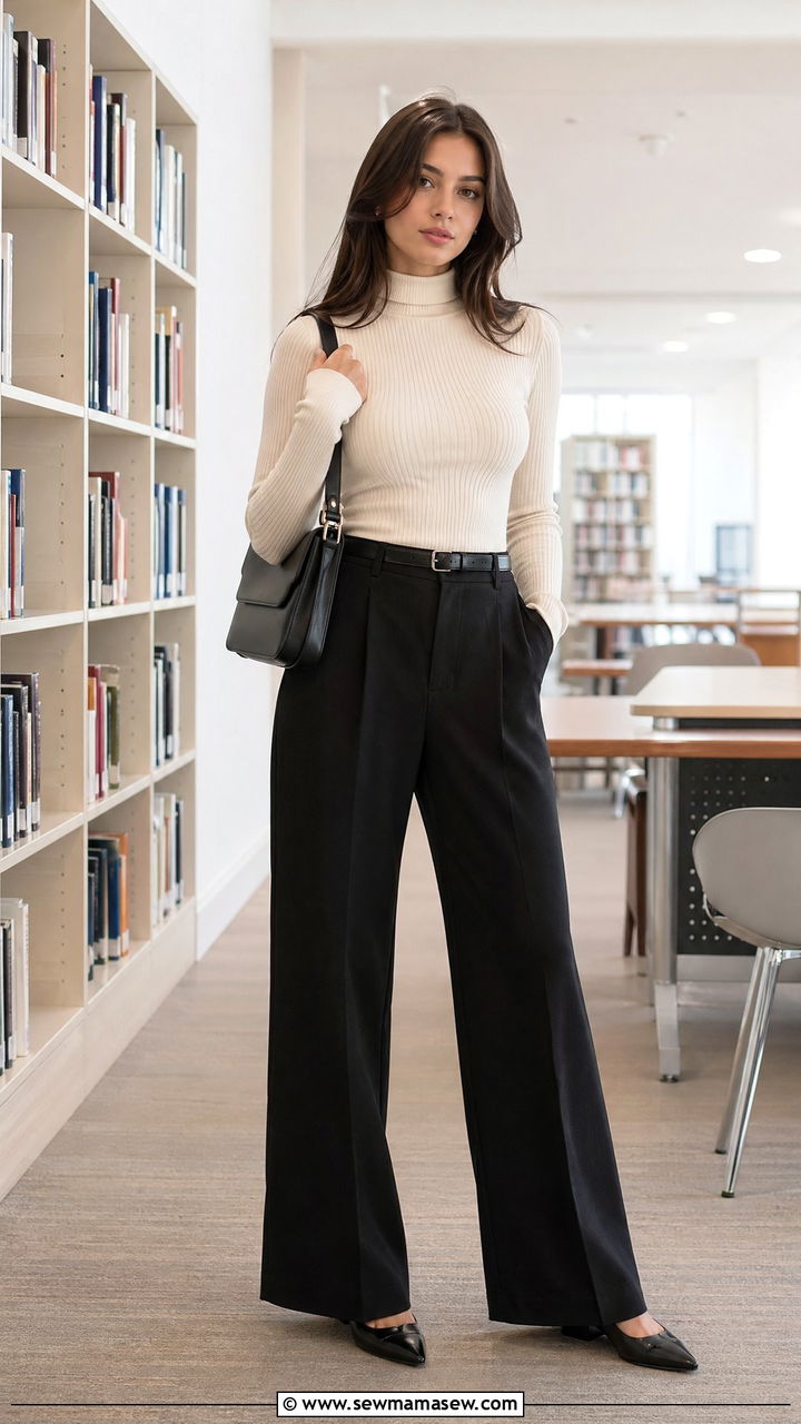 Wide leg trousers with a fitted turtleneck - 35 casual school outfits